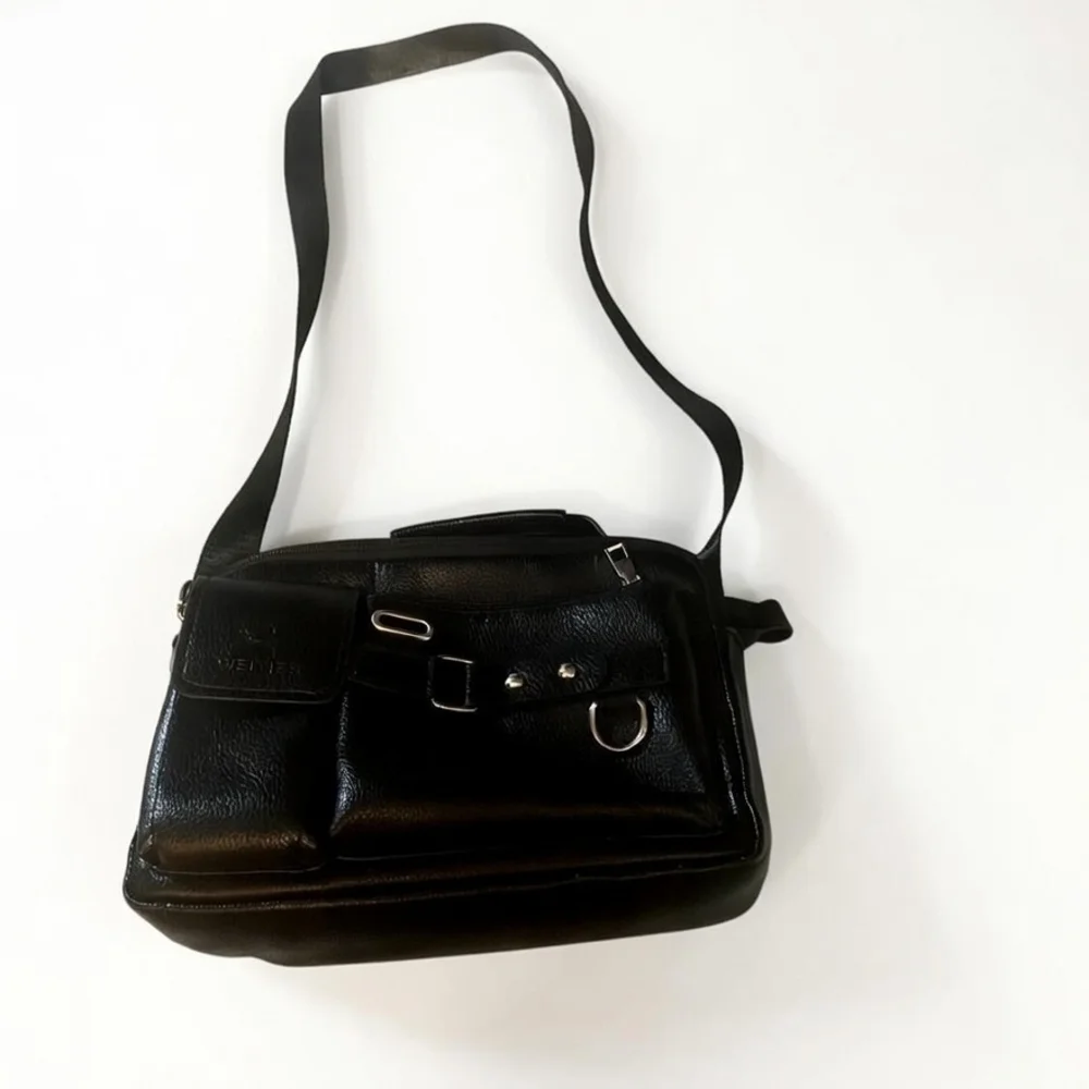Black Men's Leather-Look Messenger Bag - Compact Crossbody